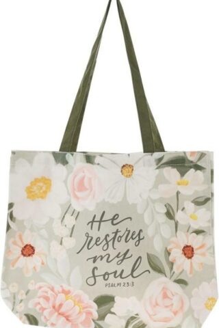 1220000329928 Natural Canvas Reusable Scripture Tote Bag for Women: He Restores My Soul Encour