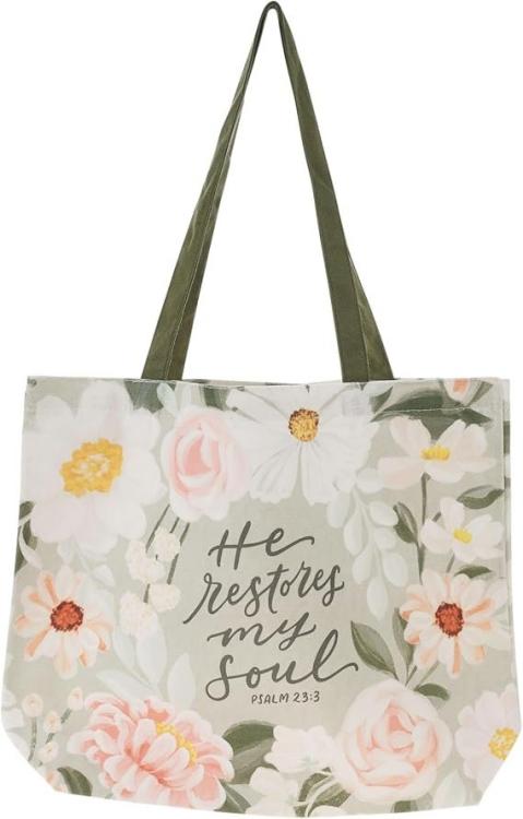 1220000329928 Natural Canvas Reusable Scripture Tote Bag for Women: He Restores My Soul Encour